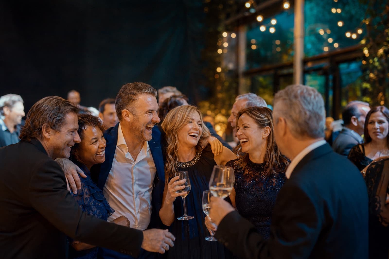 Classmates laughing and toasting together at a high school reunion