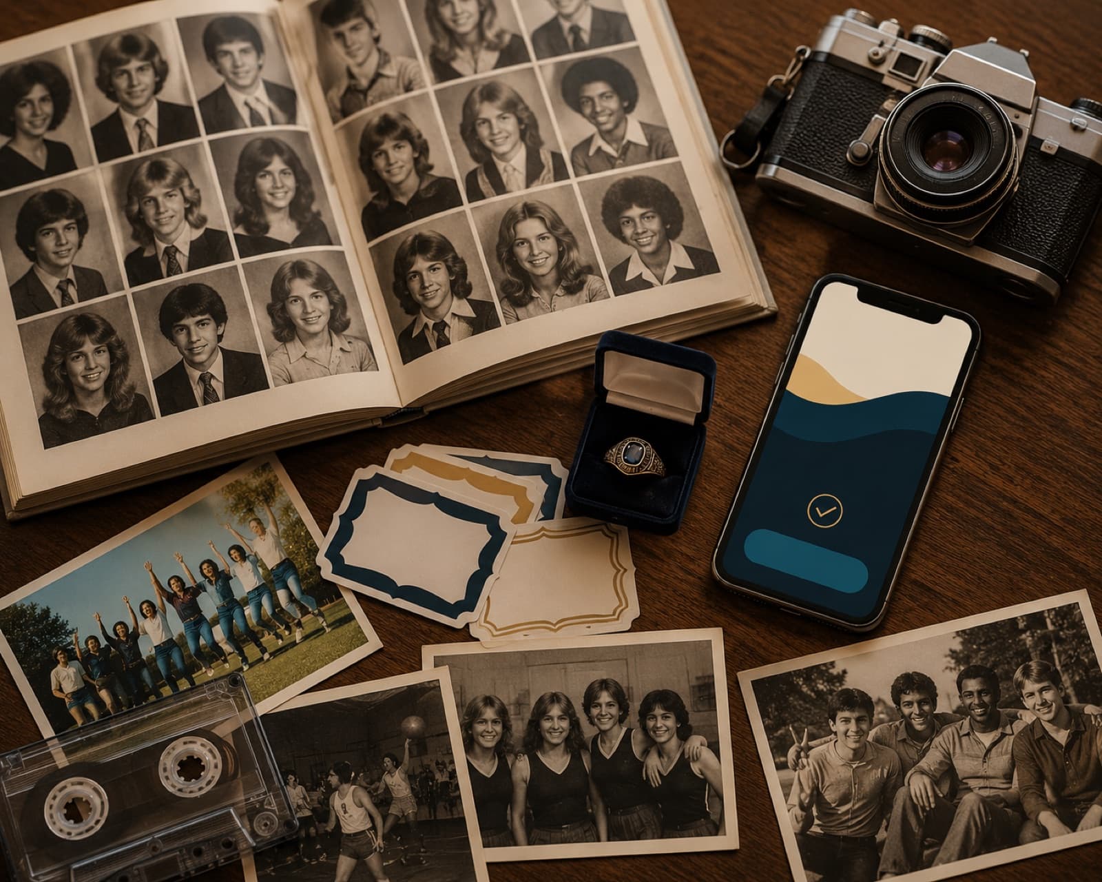 A reunion website on a phone beside a yearbook and vintage photos